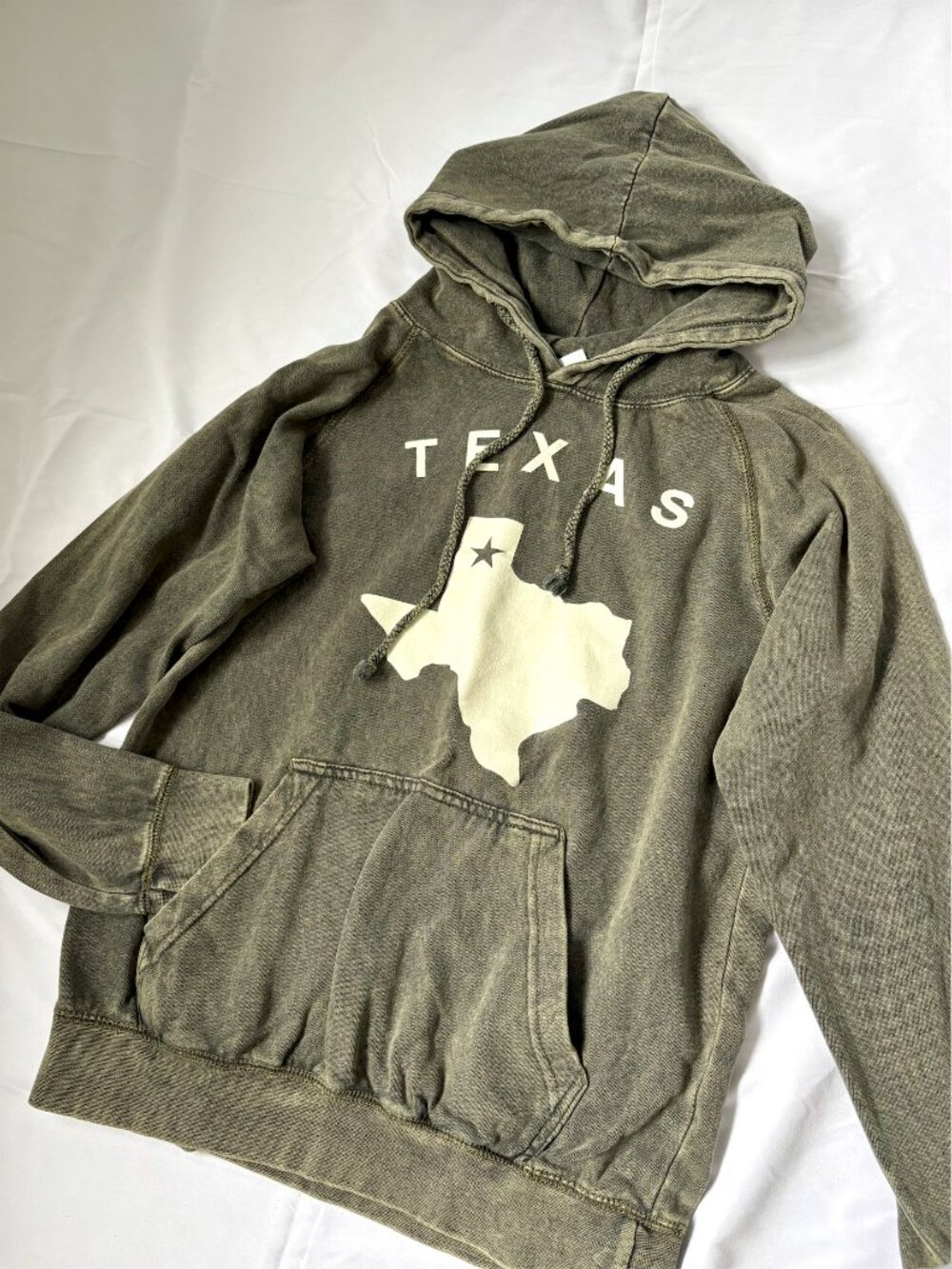 Zuni Sportswear Texas Hoodie in an Olive Green Distressed Wash | Size S